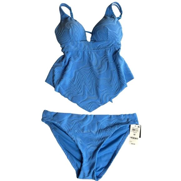Bar III Blue Textured 2 Piece Swimsuit Hankey Top Tankini Bikini Size S/M NEW - Picture 2 of 15